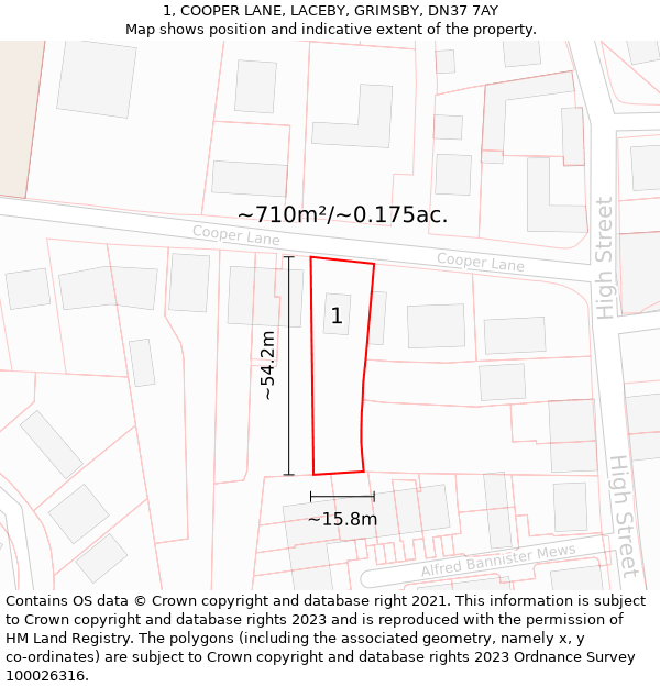 1, COOPER LANE, LACEBY, GRIMSBY, DN37 7AY: Plot and title map