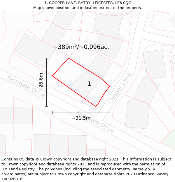 1, COOPER LANE, RATBY, LEICESTER, LE6 0QG: Plot and title map