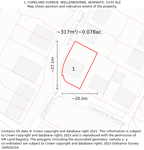 1, COPELAND AVENUE, WELLESBOURNE, WARWICK, CV35 9LZ: Plot and title map