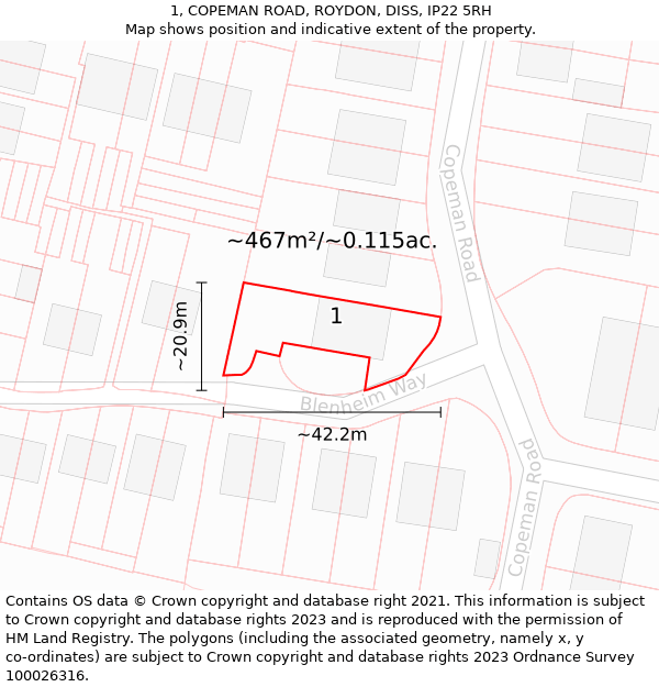 1, COPEMAN ROAD, ROYDON, DISS, IP22 5RH: Plot and title map