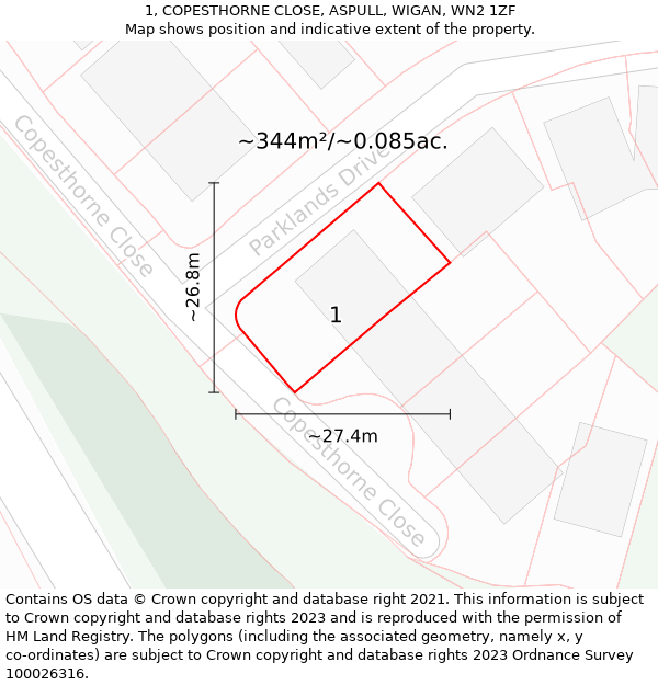 1, COPESTHORNE CLOSE, ASPULL, WIGAN, WN2 1ZF: Plot and title map