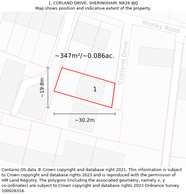 1, COPLAND DRIVE, SHERINGHAM, NR26 8JQ: Plot and title map