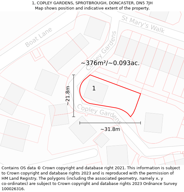 1, COPLEY GARDENS, SPROTBROUGH, DONCASTER, DN5 7JH: Plot and title map