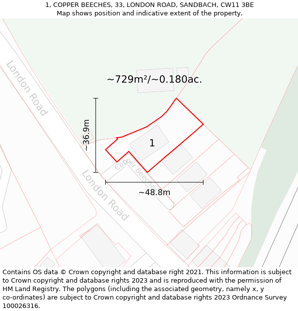 1, COPPER BEECHES, 33, LONDON ROAD, SANDBACH, CW11 3BE: Plot and title map