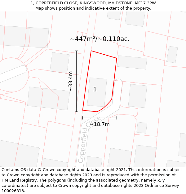 1, COPPERFIELD CLOSE, KINGSWOOD, MAIDSTONE, ME17 3PW: Plot and title map