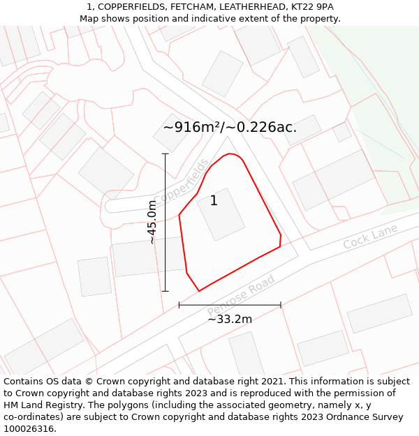 1, COPPERFIELDS, FETCHAM, LEATHERHEAD, KT22 9PA: Plot and title map