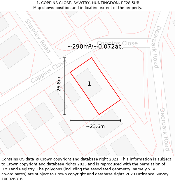 1, COPPINS CLOSE, SAWTRY, HUNTINGDON, PE28 5UB: Plot and title map