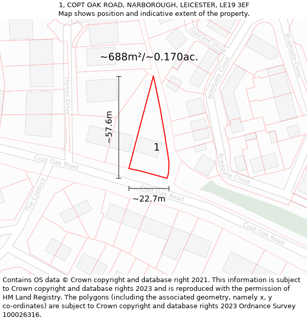 1, COPT OAK ROAD, NARBOROUGH, LEICESTER, LE19 3EF: Plot and title map