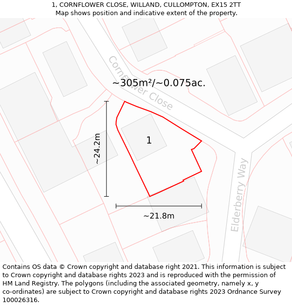 1, CORNFLOWER CLOSE, WILLAND, CULLOMPTON, EX15 2TT: Plot and title map