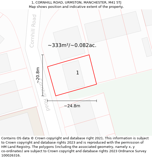 1, CORNHILL ROAD, URMSTON, MANCHESTER, M41 5TJ: Plot and title map