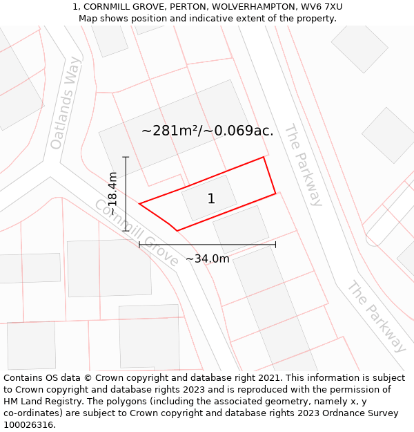 1, CORNMILL GROVE, PERTON, WOLVERHAMPTON, WV6 7XU: Plot and title map