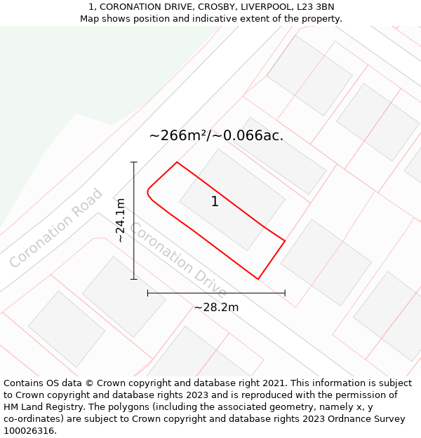 1, CORONATION DRIVE, CROSBY, LIVERPOOL, L23 3BN: Plot and title map