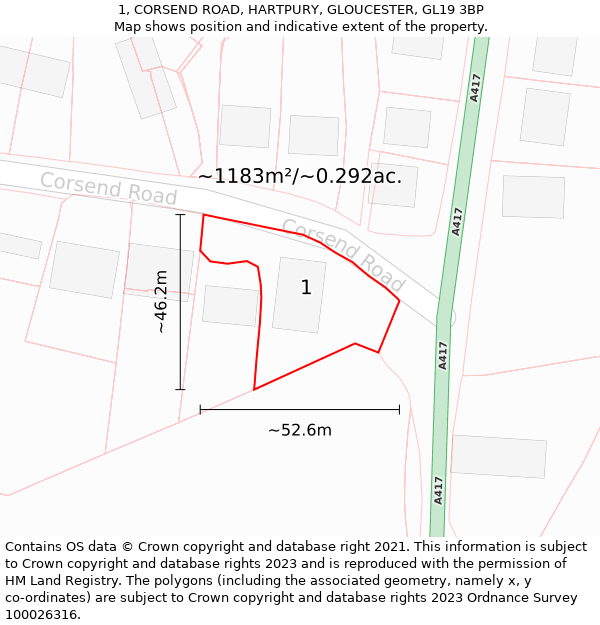 1, CORSEND ROAD, HARTPURY, GLOUCESTER, GL19 3BP: Plot and title map