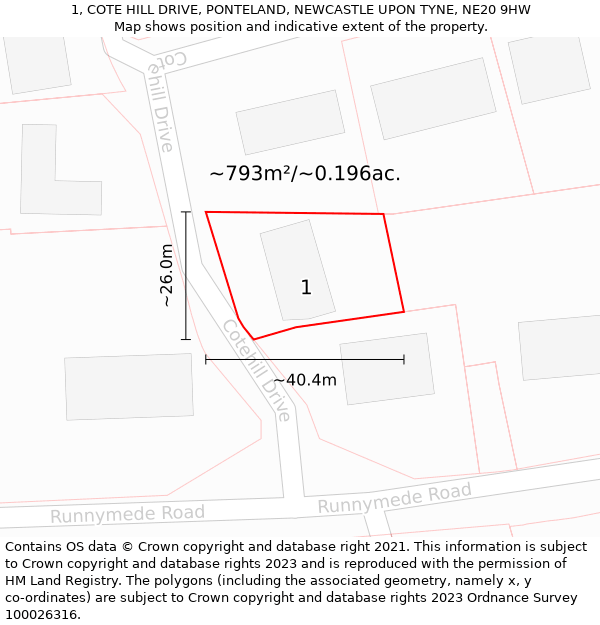 1, COTE HILL DRIVE, PONTELAND, NEWCASTLE UPON TYNE, NE20 9HW: Plot and title map