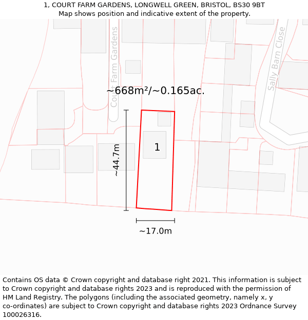 1, COURT FARM GARDENS, LONGWELL GREEN, BRISTOL, BS30 9BT: Plot and title map