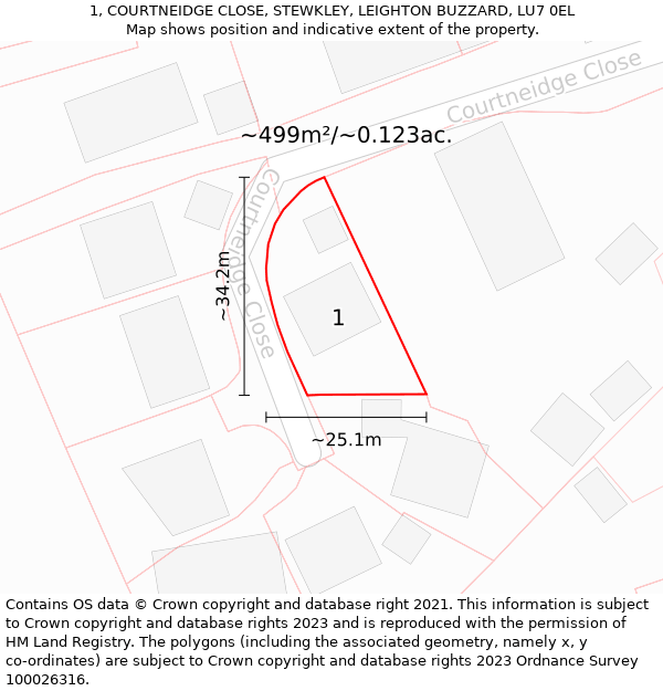 1, COURTNEIDGE CLOSE, STEWKLEY, LEIGHTON BUZZARD, LU7 0EL: Plot and title map