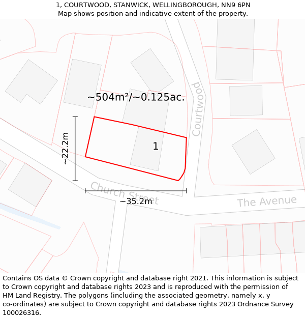 1, COURTWOOD, STANWICK, WELLINGBOROUGH, NN9 6PN: Plot and title map