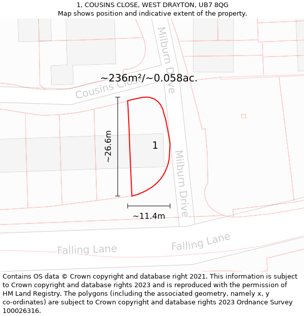 1, COUSINS CLOSE, WEST DRAYTON, UB7 8QG: Plot and title map