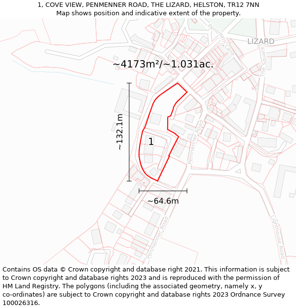 1, COVE VIEW, PENMENNER ROAD, THE LIZARD, HELSTON, TR12 7NN: Plot and title map