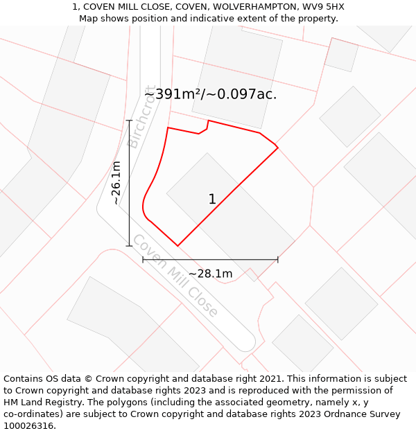 1, COVEN MILL CLOSE, COVEN, WOLVERHAMPTON, WV9 5HX: Plot and title map