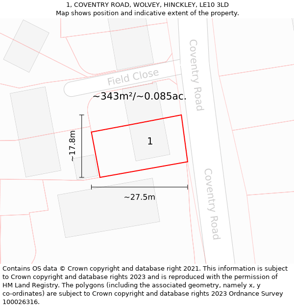 1, COVENTRY ROAD, WOLVEY, HINCKLEY, LE10 3LD: Plot and title map