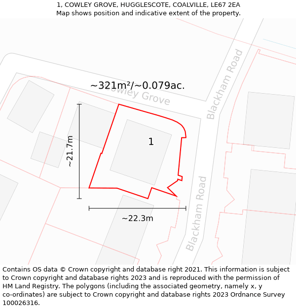 1, COWLEY GROVE, HUGGLESCOTE, COALVILLE, LE67 2EA: Plot and title map