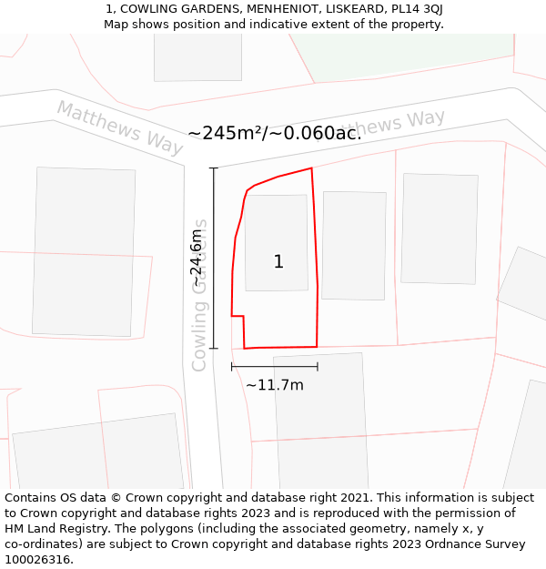 1, COWLING GARDENS, MENHENIOT, LISKEARD, PL14 3QJ: Plot and title map