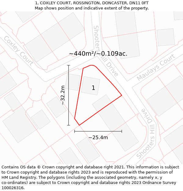 1, COXLEY COURT, ROSSINGTON, DONCASTER, DN11 0FT: Plot and title map