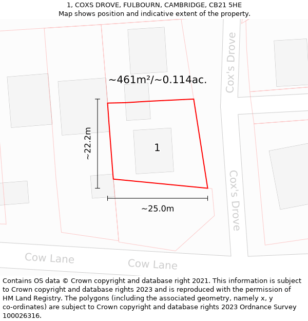 1, COXS DROVE, FULBOURN, CAMBRIDGE, CB21 5HE: Plot and title map