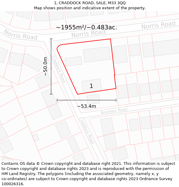 1, CRADDOCK ROAD, SALE, M33 3QQ: Plot and title map