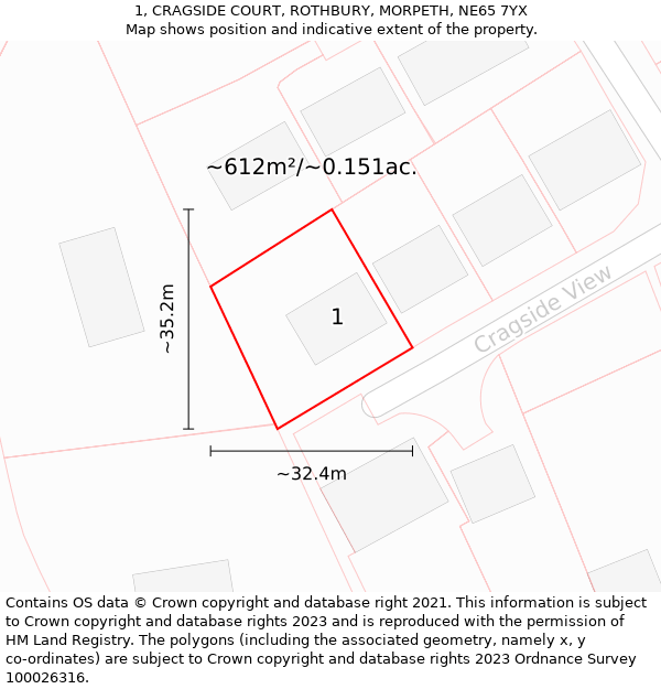 1, CRAGSIDE COURT, ROTHBURY, MORPETH, NE65 7YX: Plot and title map