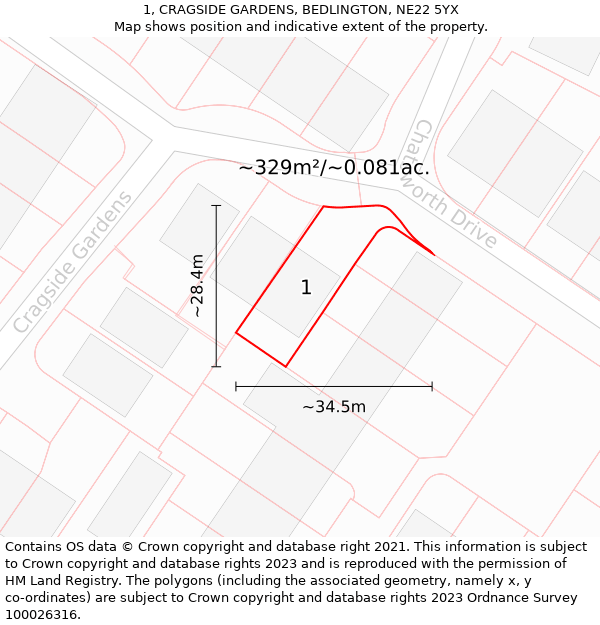 1, CRAGSIDE GARDENS, BEDLINGTON, NE22 5YX: Plot and title map