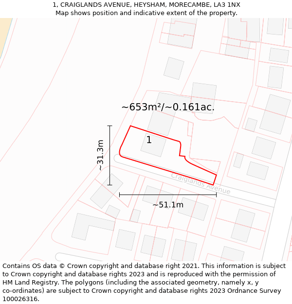 1, CRAIGLANDS AVENUE, HEYSHAM, MORECAMBE, LA3 1NX: Plot and title map