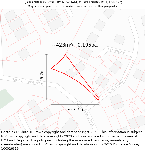 1, CRANBERRY, COULBY NEWHAM, MIDDLESBROUGH, TS8 0XQ: Plot and title map