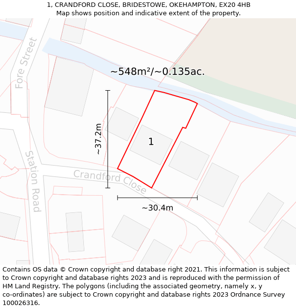 1, CRANDFORD CLOSE, BRIDESTOWE, OKEHAMPTON, EX20 4HB: Plot and title map