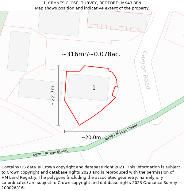 1, CRANES CLOSE, TURVEY, BEDFORD, MK43 8EN: Plot and title map