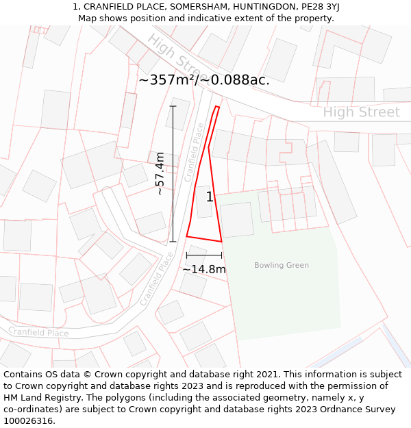 1, CRANFIELD PLACE, SOMERSHAM, HUNTINGDON, PE28 3YJ: Plot and title map