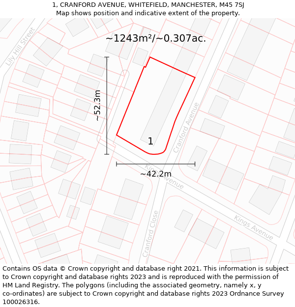 1, CRANFORD AVENUE, WHITEFIELD, MANCHESTER, M45 7SJ: Plot and title map