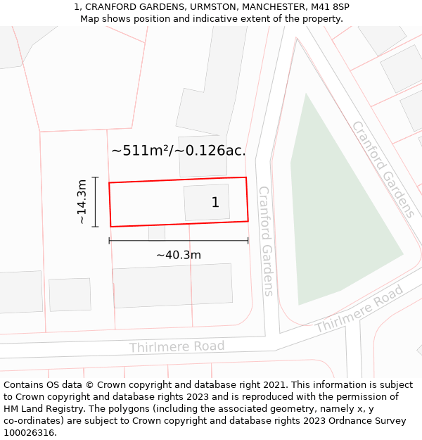 1, CRANFORD GARDENS, URMSTON, MANCHESTER, M41 8SP: Plot and title map