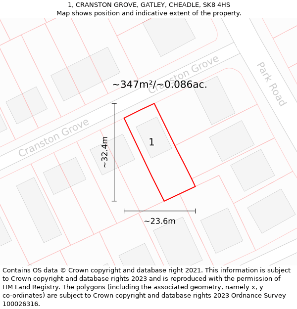 1, CRANSTON GROVE, GATLEY, CHEADLE, SK8 4HS: Plot and title map