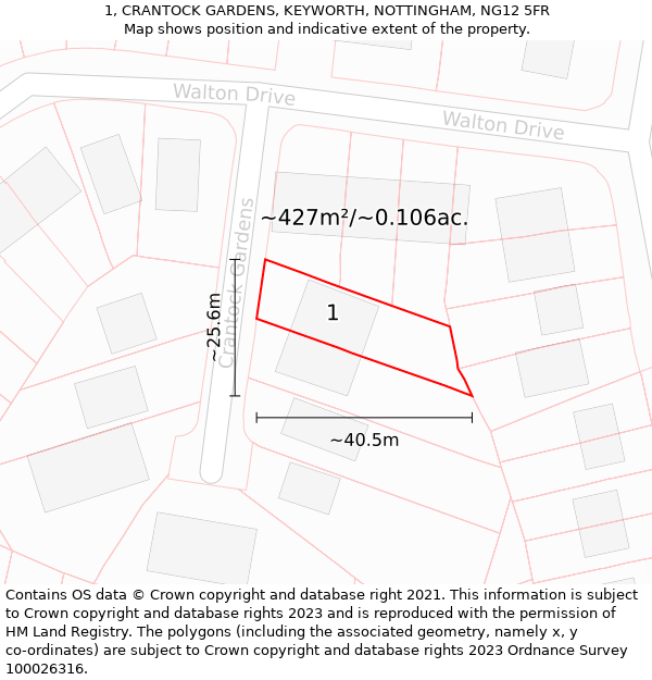 1, CRANTOCK GARDENS, KEYWORTH, NOTTINGHAM, NG12 5FR: Plot and title map
