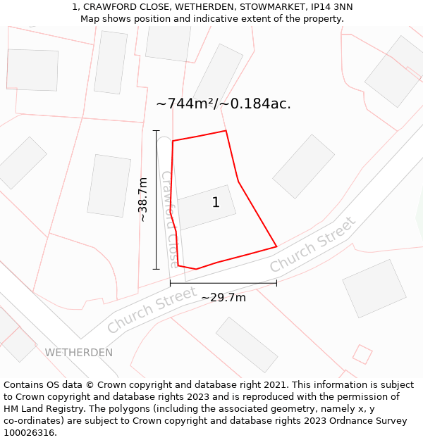 1, CRAWFORD CLOSE, WETHERDEN, STOWMARKET, IP14 3NN: Plot and title map