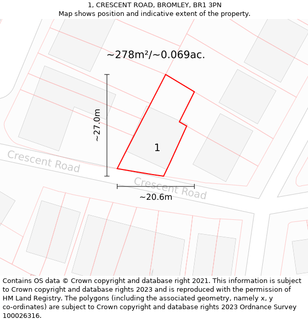1, CRESCENT ROAD, BROMLEY, BR1 3PN: Plot and title map