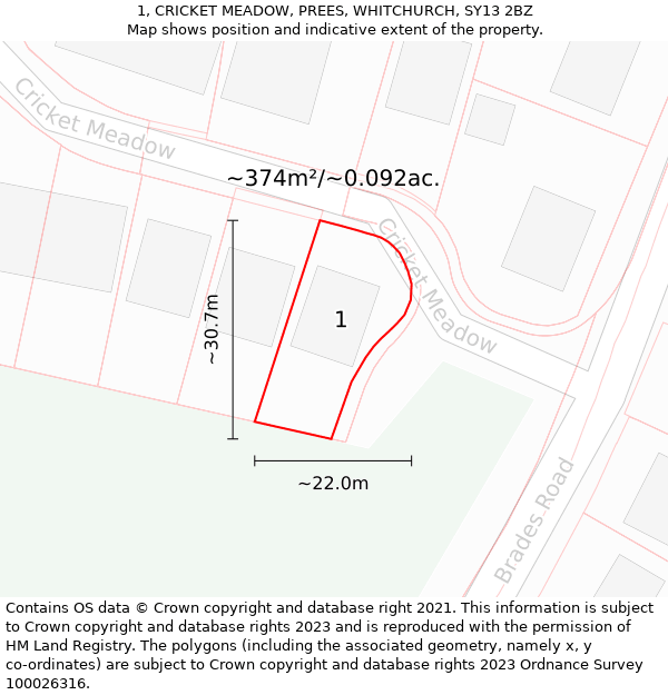 1, CRICKET MEADOW, PREES, WHITCHURCH, SY13 2BZ: Plot and title map