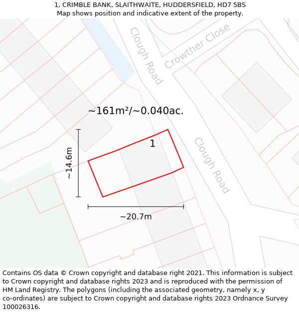 1, CRIMBLE BANK, SLAITHWAITE, HUDDERSFIELD, HD7 5BS: Plot and title map