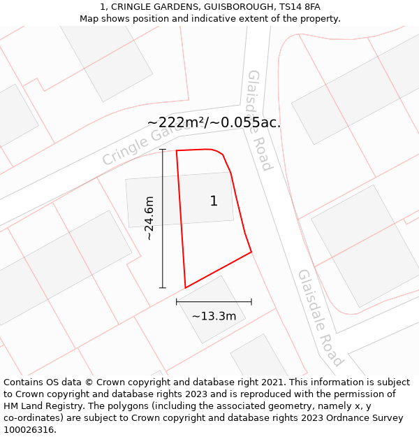 1, CRINGLE GARDENS, GUISBOROUGH, TS14 8FA: Plot and title map