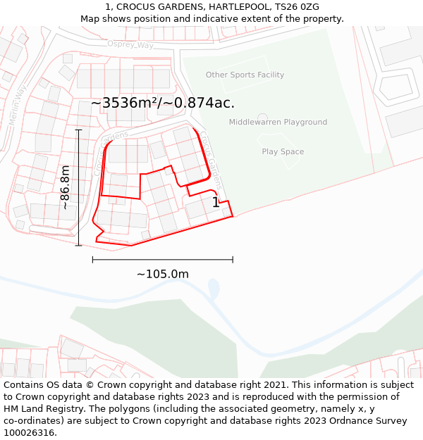 1, CROCUS GARDENS, HARTLEPOOL, TS26 0ZG: Plot and title map