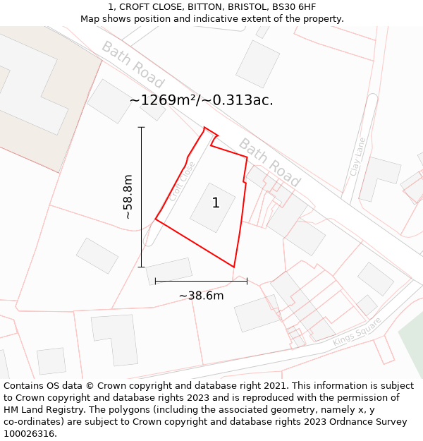 1, CROFT CLOSE, BITTON, BRISTOL, BS30 6HF: Plot and title map