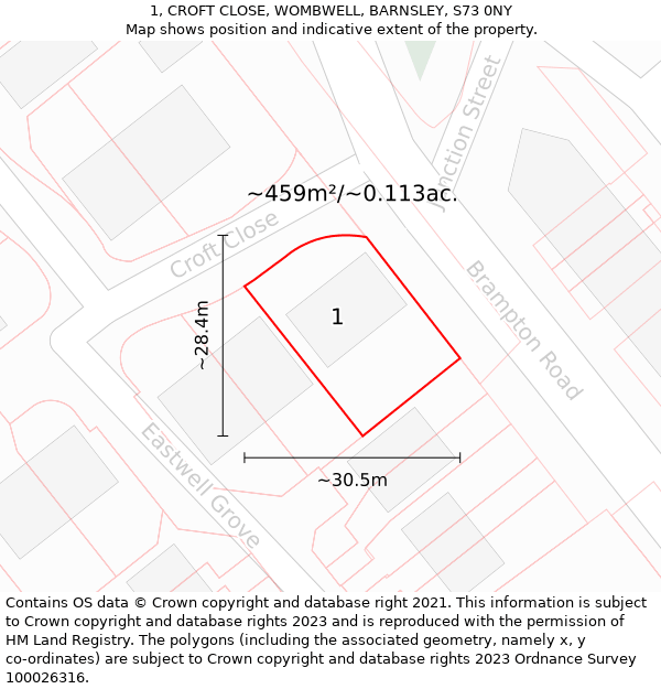 1, CROFT CLOSE, WOMBWELL, BARNSLEY, S73 0NY: Plot and title map