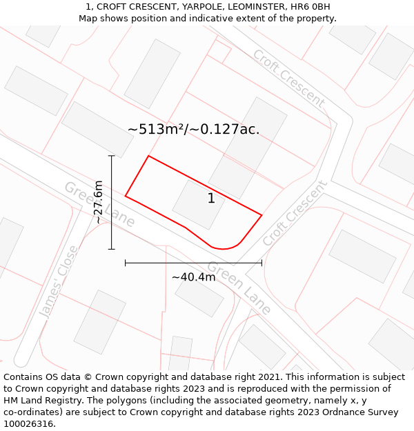 1, CROFT CRESCENT, YARPOLE, LEOMINSTER, HR6 0BH: Plot and title map